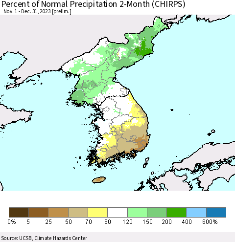 Korea Percent of Normal Precipitation 2-Month (CHIRPS) Thematic Map For 11/1/2023 - 12/31/2023