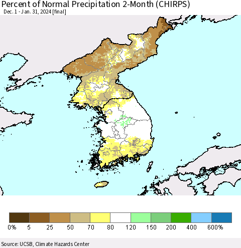 Korea Percent of Normal Precipitation 2-Month (CHIRPS) Thematic Map For 12/1/2023 - 1/31/2024