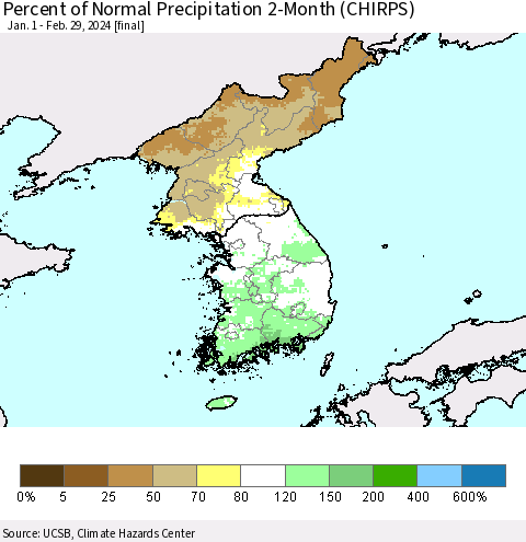 Korea Percent of Normal Precipitation 2-Month (CHIRPS) Thematic Map For 1/1/2024 - 2/29/2024