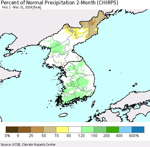 Korea Percent of Normal Precipitation 2-Month (CHIRPS) Thematic Map For 2/1/2024 - 3/31/2024