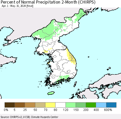 Korea Percent of Normal Precipitation 2-Month (CHIRPS) Thematic Map For 4/1/2024 - 5/31/2024