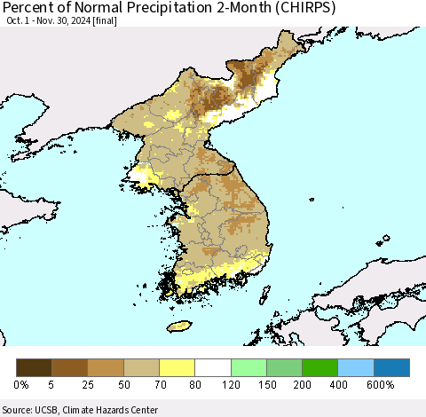 Korea Percent of Normal Precipitation 2-Month (CHIRPS) Thematic Map For 10/1/2024 - 11/30/2024
