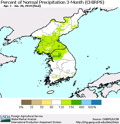 Korea Percent of Normal Precipitation 3-Month (CHIRPS) Thematic Map For 4/1/2018 - 6/30/2018