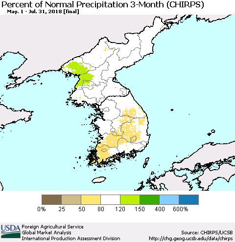 Korea Percent of Normal Precipitation 3-Month (CHIRPS) Thematic Map For 5/1/2018 - 7/31/2018
