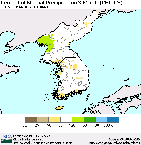Korea Percent of Normal Precipitation 3-Month (CHIRPS) Thematic Map For 6/1/2018 - 8/31/2018