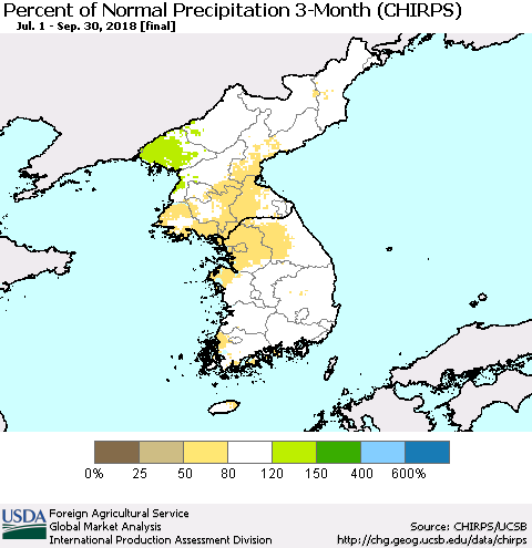 Korea Percent of Normal Precipitation 3-Month (CHIRPS) Thematic Map For 7/1/2018 - 9/30/2018