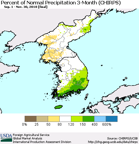 Korea Percent of Normal Precipitation 3-Month (CHIRPS) Thematic Map For 9/1/2018 - 11/30/2018