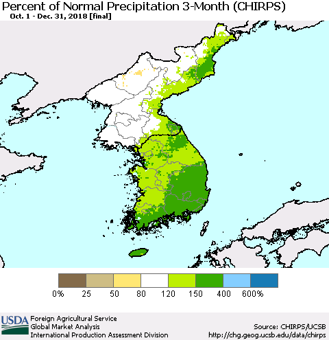 Korea Percent of Normal Precipitation 3-Month (CHIRPS) Thematic Map For 10/1/2018 - 12/31/2018