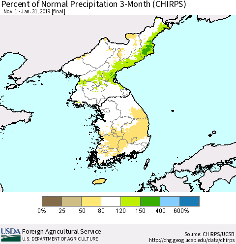 Korea Percent of Normal Precipitation 3-Month (CHIRPS) Thematic Map For 11/1/2018 - 1/31/2019
