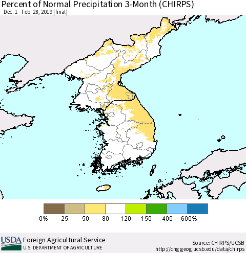 Korea Percent of Normal Precipitation 3-Month (CHIRPS) Thematic Map For 12/1/2018 - 2/28/2019