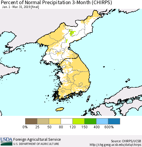 Korea Percent of Normal Precipitation 3-Month (CHIRPS) Thematic Map For 1/1/2019 - 3/31/2019