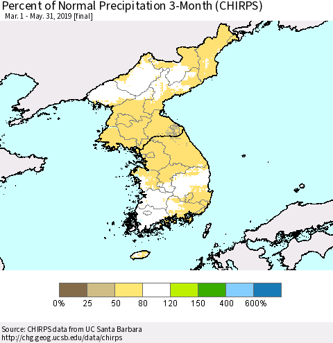 Korea Percent of Normal Precipitation 3-Month (CHIRPS) Thematic Map For 3/1/2019 - 5/31/2019