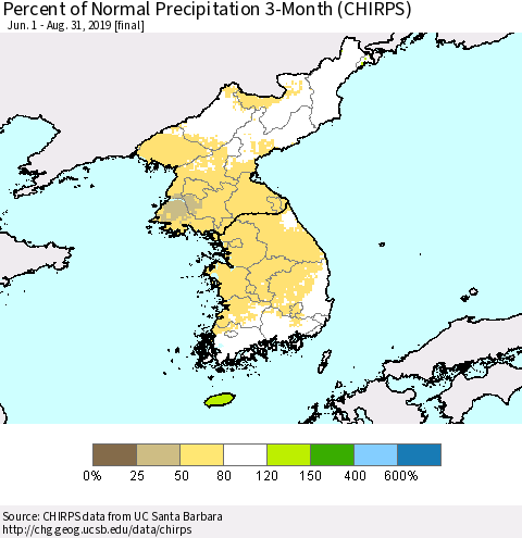 Korea Percent of Normal Precipitation 3-Month (CHIRPS) Thematic Map For 6/1/2019 - 8/31/2019