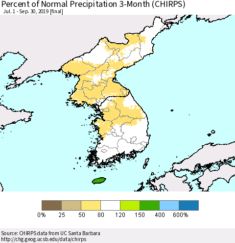 Korea Percent of Normal Precipitation 3-Month (CHIRPS) Thematic Map For 7/1/2019 - 9/30/2019