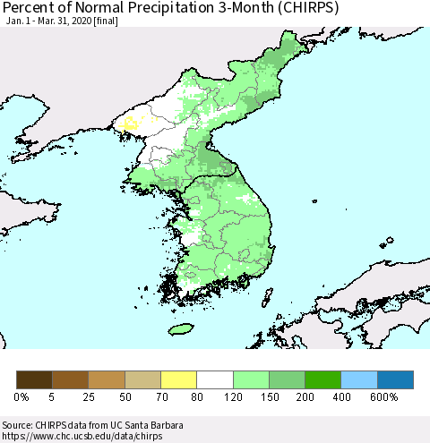 Korea Percent of Normal Precipitation 3-Month (CHIRPS) Thematic Map For 1/1/2020 - 3/31/2020