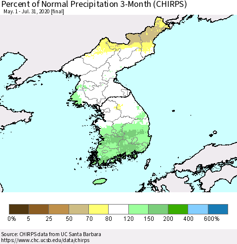 Korea Percent of Normal Precipitation 3-Month (CHIRPS) Thematic Map For 5/1/2020 - 7/31/2020