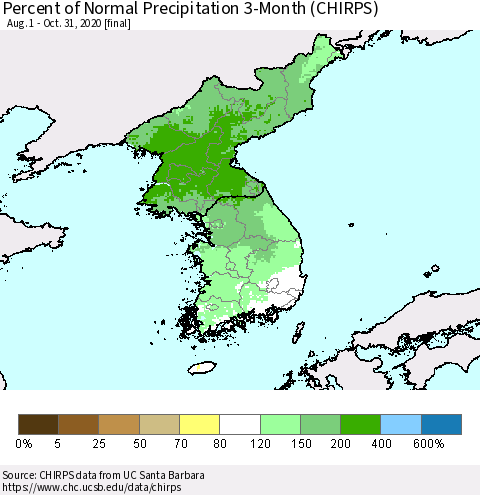 Korea Percent of Normal Precipitation 3-Month (CHIRPS) Thematic Map For 8/1/2020 - 10/31/2020