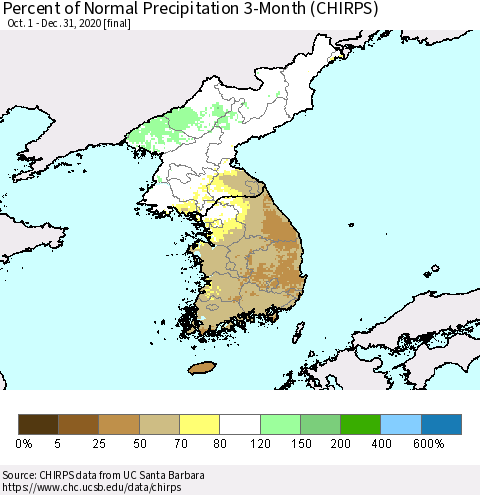 Korea Percent of Normal Precipitation 3-Month (CHIRPS) Thematic Map For 10/1/2020 - 12/31/2020