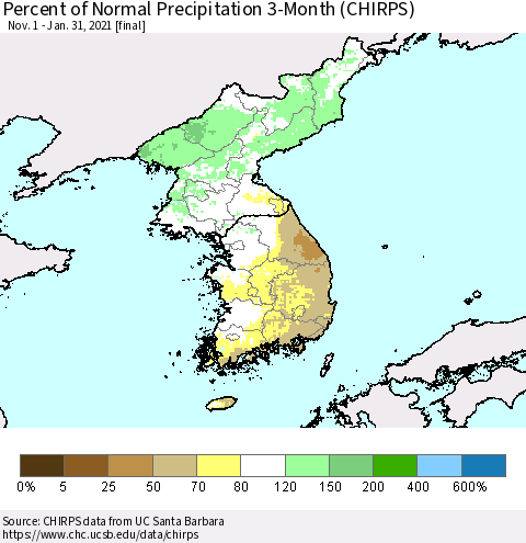 Korea Percent of Normal Precipitation 3-Month (CHIRPS) Thematic Map For 11/1/2020 - 1/31/2021