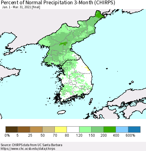 Korea Percent of Normal Precipitation 3-Month (CHIRPS) Thematic Map For 1/1/2021 - 3/31/2021