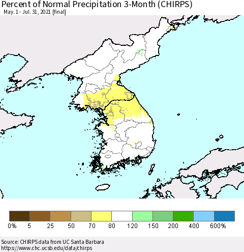 Korea Percent of Normal Precipitation 3-Month (CHIRPS) Thematic Map For 5/1/2021 - 7/31/2021