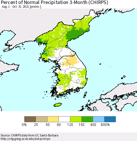 Korea Percent of Normal Precipitation 3-Month (CHIRPS) Thematic Map For 8/1/2021 - 10/31/2021