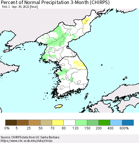 Korea Percent of Normal Precipitation 3-Month (CHIRPS) Thematic Map For 2/1/2022 - 4/30/2022