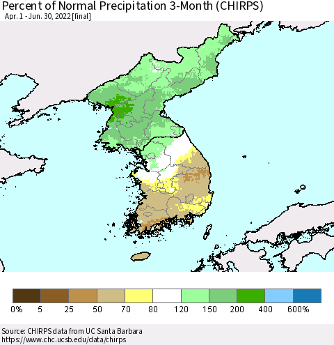 Korea Percent of Normal Precipitation 3-Month (CHIRPS) Thematic Map For 4/1/2022 - 6/30/2022