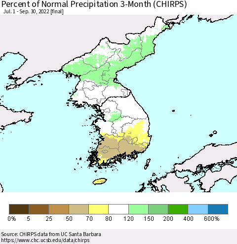 Korea Percent of Normal Precipitation 3-Month (CHIRPS) Thematic Map For 7/1/2022 - 9/30/2022