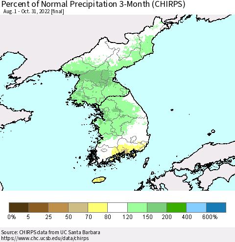 Korea Percent of Normal Precipitation 3-Month (CHIRPS) Thematic Map For 8/1/2022 - 10/31/2022