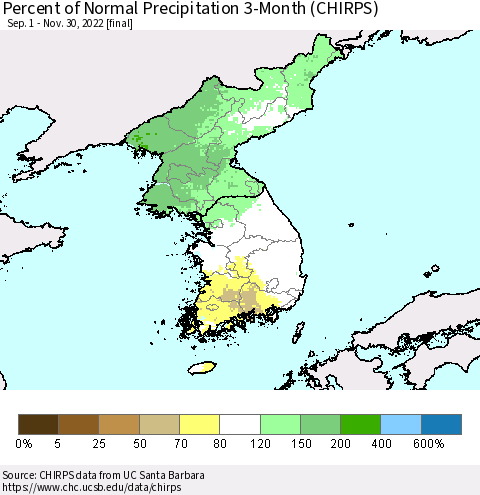 Korea Percent of Normal Precipitation 3-Month (CHIRPS) Thematic Map For 9/1/2022 - 11/30/2022