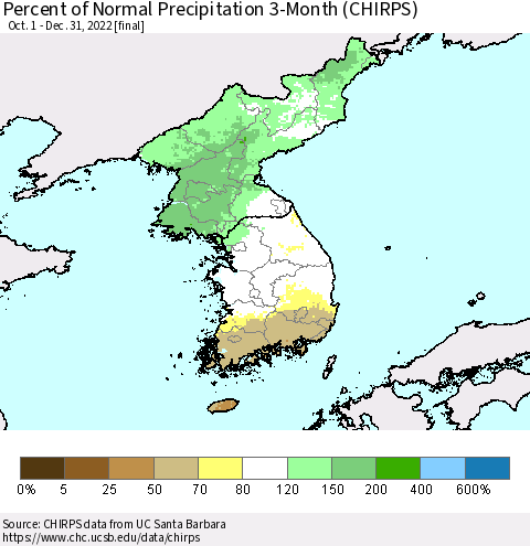 Korea Percent of Normal Precipitation 3-Month (CHIRPS) Thematic Map For 10/1/2022 - 12/31/2022