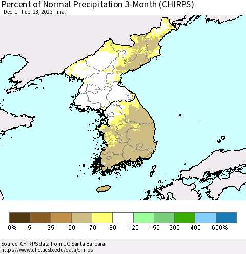 Korea Percent of Normal Precipitation 3-Month (CHIRPS) Thematic Map For 12/1/2022 - 2/28/2023