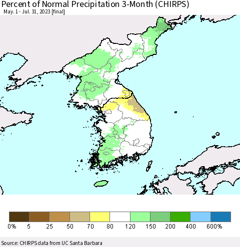 Korea Percent of Normal Precipitation 3-Month (CHIRPS) Thematic Map For 5/1/2023 - 7/31/2023