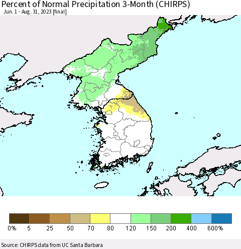 Korea Percent of Normal Precipitation 3-Month (CHIRPS) Thematic Map For 6/1/2023 - 8/31/2023