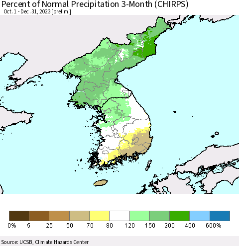 Korea Percent of Normal Precipitation 3-Month (CHIRPS) Thematic Map For 10/1/2023 - 12/31/2023