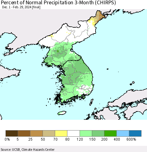 Korea Percent of Normal Precipitation 3-Month (CHIRPS) Thematic Map For 12/1/2023 - 2/29/2024