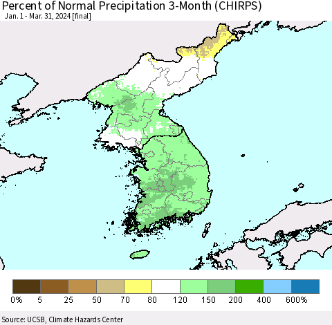 Korea Percent of Normal Precipitation 3-Month (CHIRPS) Thematic Map For 1/1/2024 - 3/31/2024