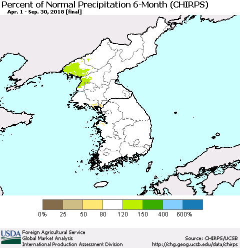 Korea Percent of Normal Precipitation 6-Month (CHIRPS) Thematic Map For 4/1/2018 - 9/30/2018