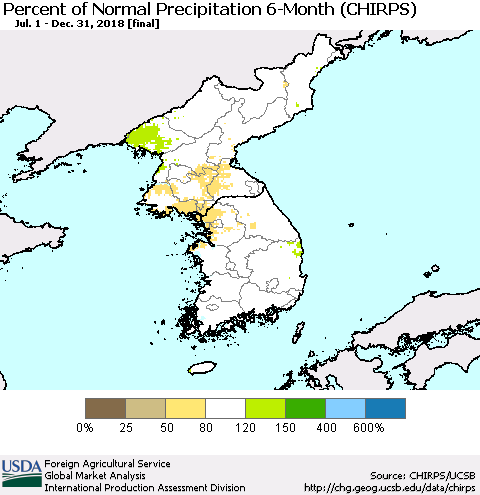 Korea Percent of Normal Precipitation 6-Month (CHIRPS) Thematic Map For 7/1/2018 - 12/31/2018
