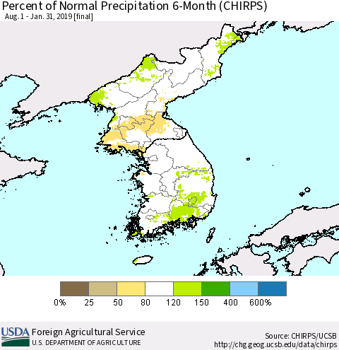 Korea Percent of Normal Precipitation 6-Month (CHIRPS) Thematic Map For 8/1/2018 - 1/31/2019