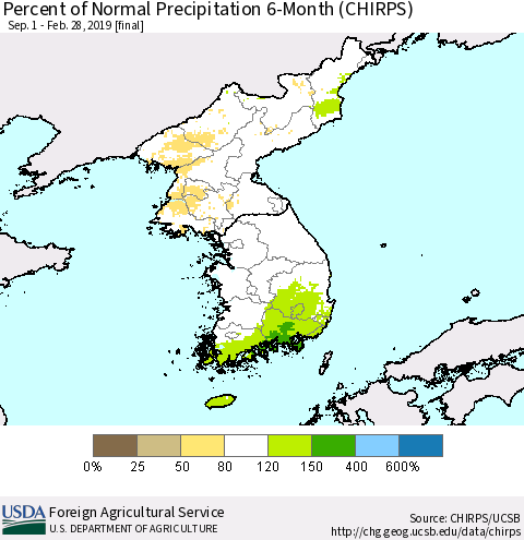 Korea Percent of Normal Precipitation 6-Month (CHIRPS) Thematic Map For 9/1/2018 - 2/28/2019