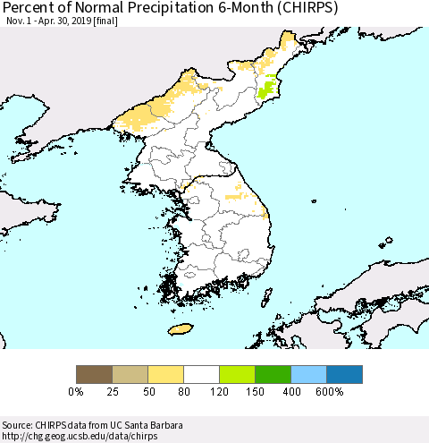 Korea Percent of Normal Precipitation 6-Month (CHIRPS) Thematic Map For 11/1/2018 - 4/30/2019