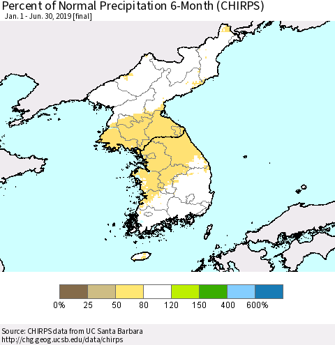 Korea Percent of Normal Precipitation 6-Month (CHIRPS) Thematic Map For 1/1/2019 - 6/30/2019