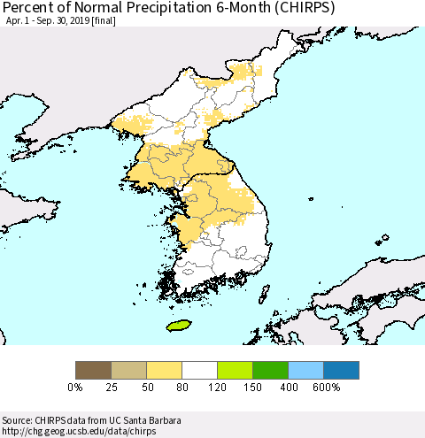 Korea Percent of Normal Precipitation 6-Month (CHIRPS) Thematic Map For 4/1/2019 - 9/30/2019