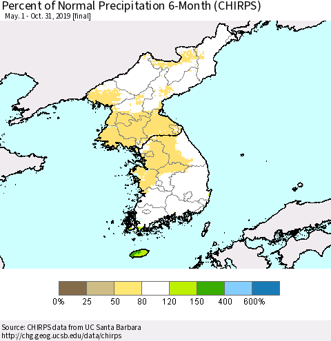 Korea Percent of Normal Precipitation 6-Month (CHIRPS) Thematic Map For 5/1/2019 - 10/31/2019