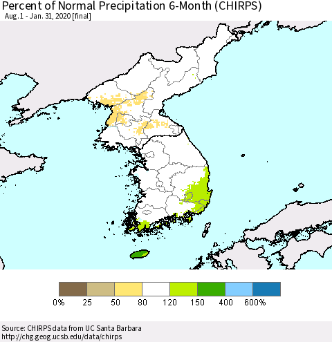 Korea Percent of Normal Precipitation 6-Month (CHIRPS) Thematic Map For 8/1/2019 - 1/31/2020