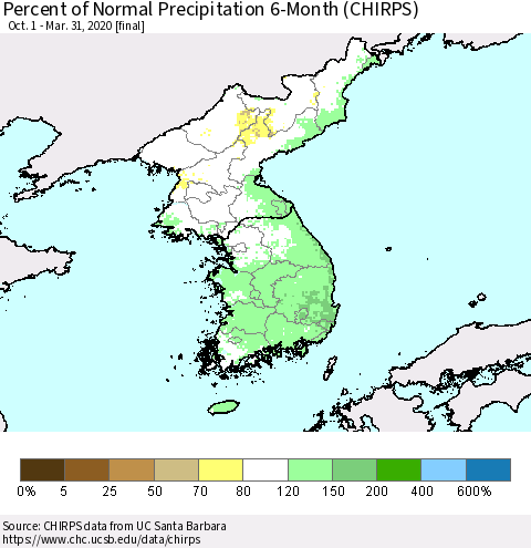 Korea Percent of Normal Precipitation 6-Month (CHIRPS) Thematic Map For 10/1/2019 - 3/31/2020