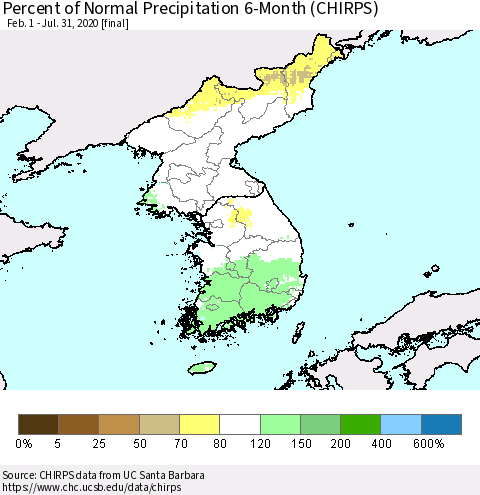 Korea Percent of Normal Precipitation 6-Month (CHIRPS) Thematic Map For 2/1/2020 - 7/31/2020