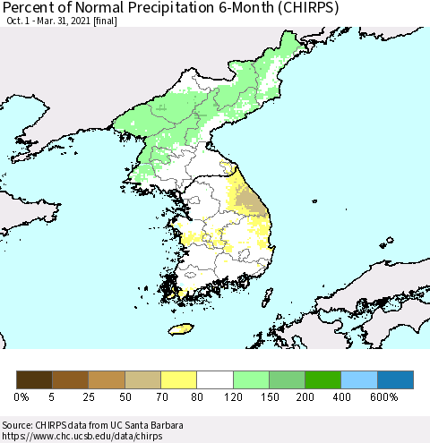 Korea Percent of Normal Precipitation 6-Month (CHIRPS) Thematic Map For 10/1/2020 - 3/31/2021